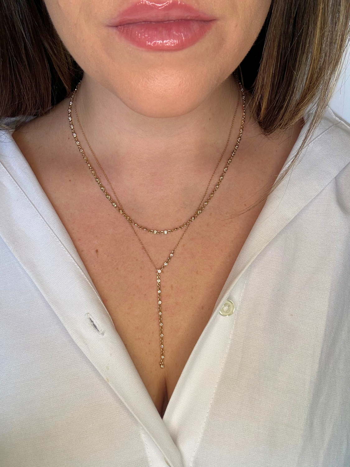 Solid 14K Yellow Gold and Natural Diamond Dainty Lariat Necklace