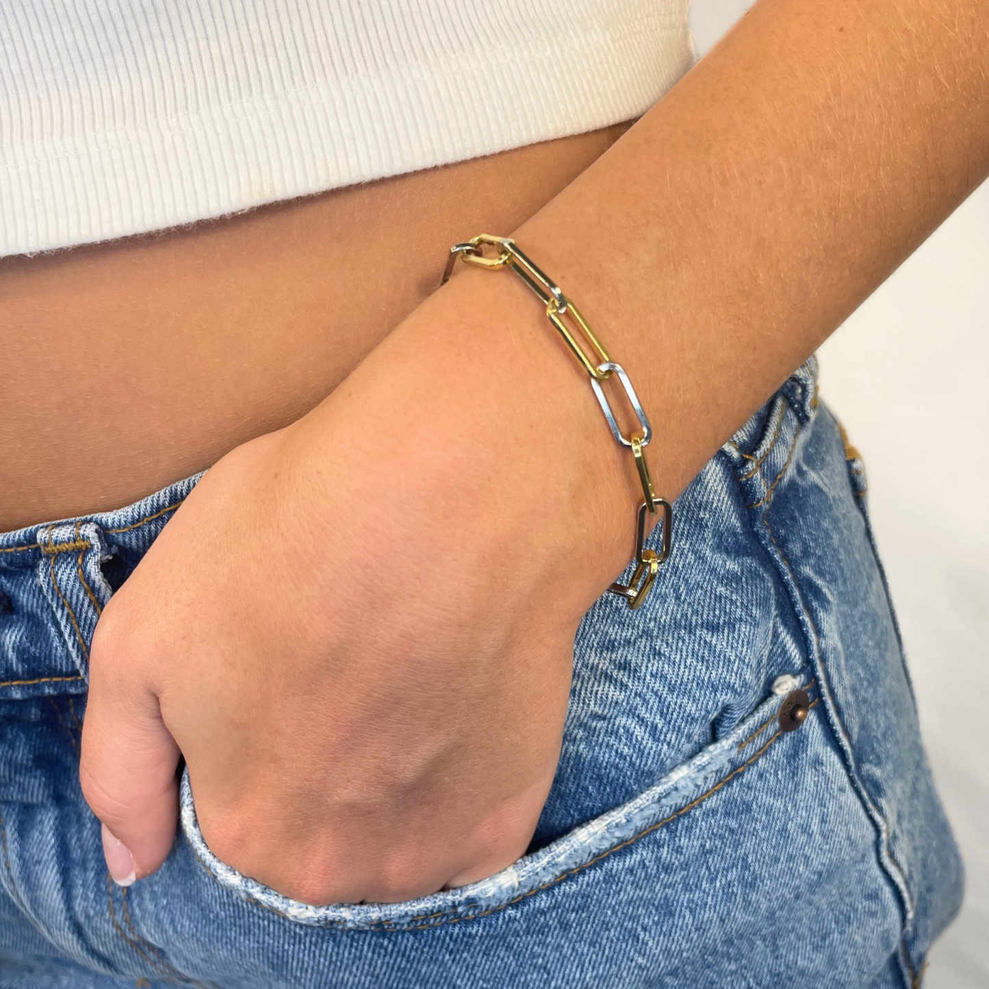 Bold Two-Tone Silver and Gold Paper Clip Bracelet